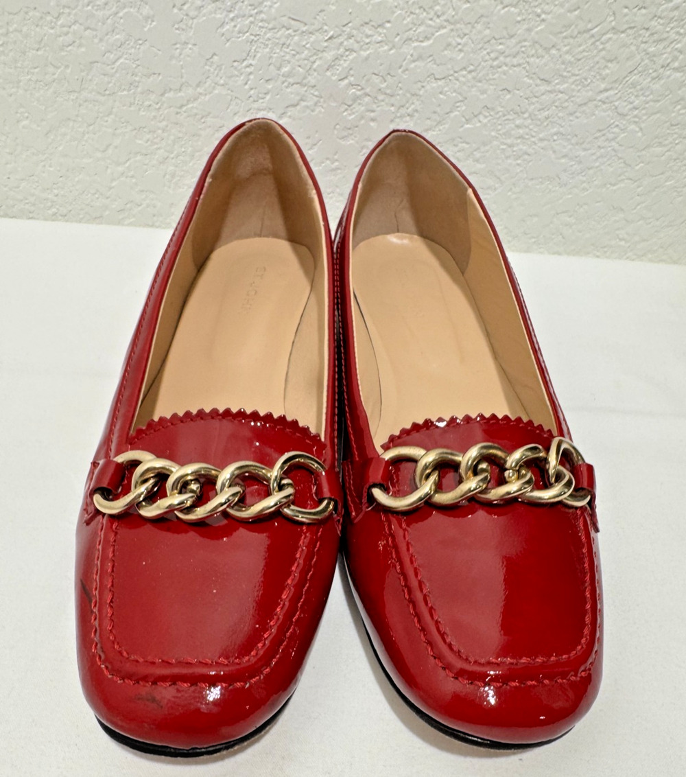 St. John Red Patent Loafers with Gold Chain Accent Sz 9M Italy Flats Vintage 90s